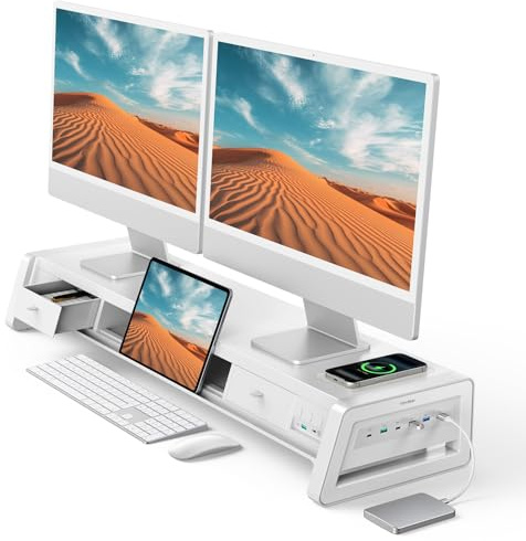 VAYDEER Bildskärmstativ 2 bildskärmar skärmstativ [Multi-USB] [mobiltelefonstativ] [låda] [Kabelarrangör] [4 LED-lägen] Skrivbordsupphöjning tillbehör bordsfäste för bärbar dator dator 50 kg (vit) | trådlös laddning, inbyggd låda, mobiltelefonhållare, kabelhantering, rymmer upp till 50 kg, för PC och bärbar dator