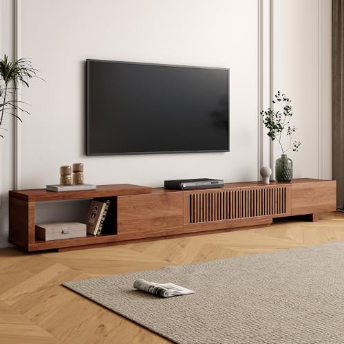 OLEYLUCKIDEA Mid-Century Modern TV-Schrank für 80+ Zoll Fernseher,Ausziehbares TV Lowboard mit Stauraum (198 cm bis 262 cm), Home Entertainment Center in Walnuss für Wohnzimmer,Schlafzimmer
