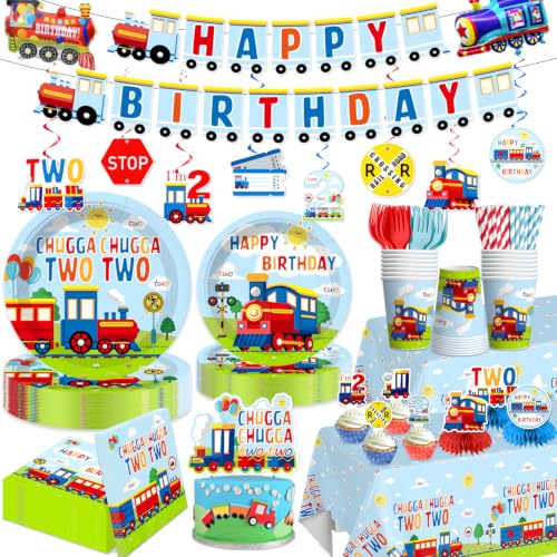 202Pcs Chugga Chugga Two Two Party Decorations Serves 25 Guests, 2nd Birthday Decorations for Boys Include Banner, Plates, Tablecloth, Balloons, Cake Topper, Cupcake Toppers, Train Birthday