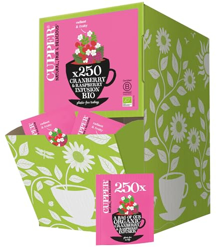 CUPPER Mirtillo Rosso e Lampone Infuso Bio Formato Maxi 250 Bustine | Formato convenienza per casa, ufficio e catering, tisana biologica, fruttata, filtri biodegradabili non sbiancati