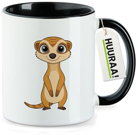 Huuraa Kaffeetasse Erdmännchen Comic Geschenk | Motivtasse 330ml Schwarz Keramik Tasse mit Spruch Kaffeebecher Geschenkidee Becher mit Motiv