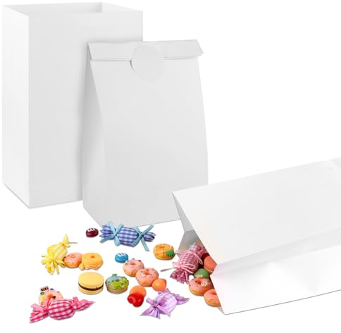 Fowecelt Weiße Partytüten für Süßigkeiten, Snacks, Leckereien, Papiertüten mit Aufklebern für Kindergeburtstag, Party, Babyparty, Dekoration, Zubehör, 24 Stück