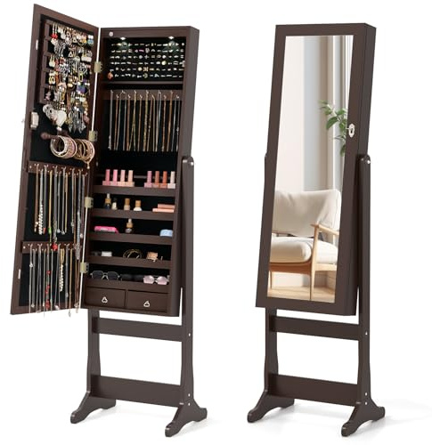 COSTWAY Armoire a Bijoux sur Pied avec Miroir, 2 Lumières LED, 4 Positions Réglables, Armoire de Rangement Cosmétiques Verrouillable, Crochets, Étagères et Tiroirs, 41 x 37 x 146 cm (Brun)