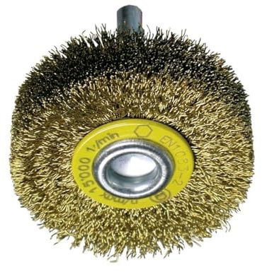 Cepillos circulares alambre ondulado 6mm para amoladoras rectas, ideales para desbaste, limpieza y acabado de superficies metálicas.