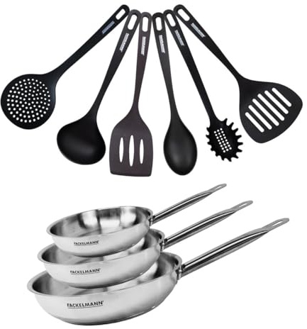 Fackelmann Set 3 poêles inox avec 6 ustensiles 20, 24 et 28 cm | Cuisson précise sur 3 formats, Trois poêles 20 24 28 cm, Inox 18 8 et RPET, Induction vitro gaz et four, 6 ustensiles inclus