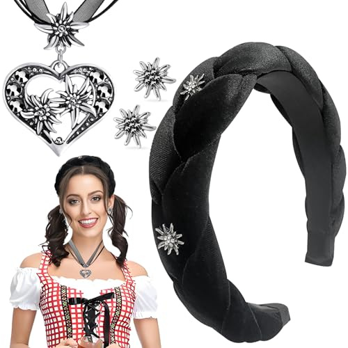 WWISTOA Samt Haarreifen Schwarz Dirndl Haarreif Damen Dirndlschmuck 3 Stück Trachtenschmuck Edelweiß Halskette und Ohrstecker Bierfest Trachten Dirndl Outfit Accessoires Oktoberfest Accessoires