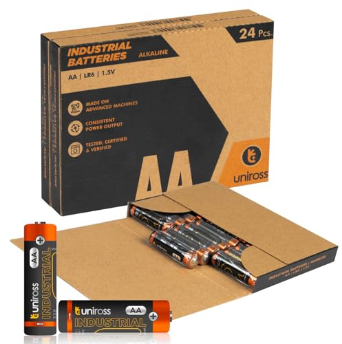 48 Pile Alcaline AA / LR6 / Stilo / 1,5V Uniross Industrial per Dispositivi Professionali Mouse Telecomandi Radio Torce e Giocattoli - 2 Box da 24 Batterie