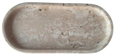 Kalu Creations – Little OVO Plateau ovale en travertin naturel 24,5 x 12 x 2 cm | Élégant rangements, vides, plateau pour salle de bain, cuisine et chambre à coucher | Design artisanal fabriqué en