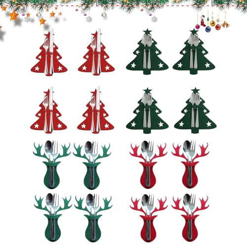 GAZIL 16 Pcs Christmas Cutlery Holders, Xmas Table Decorations Knife Fork Covers, Red & Green Reindeer and Christmas Tree Star Tableware Bags for Dinner Party