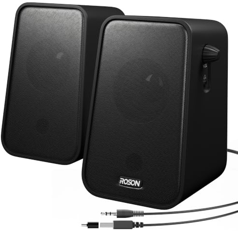 ROSON Datorhögtalare, kompakt storlek högtalare med hörlursuttag, förbättrad bas och volymkontroll, stereo 2.0 USB-driven 3,5 mm aux-multimediahögtalare för laptop/stationära/surfplattor/telefon
