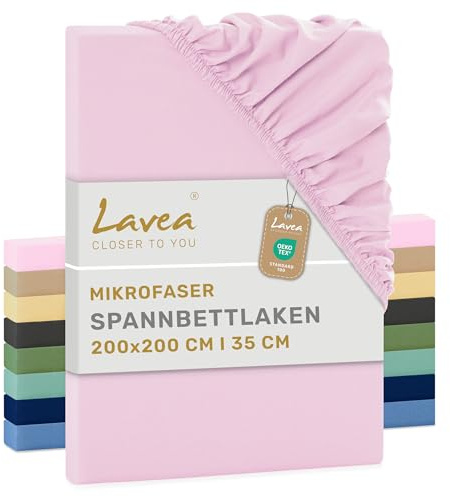 Lavea® 1er Set Spannbettlaken 200x200 cm aus Mikrofaser, Bettlaken mit Rundumgummi, für Matratzen bis 20 cm, atmungsaktiv und kühlend, pflegeleicht, Spannbetttücher - Rosa