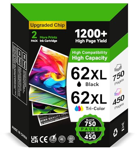 Cartuchos de Tinta 62 XL Negro/Color - 750/450+ Páginas, Reemplazo para Cartucho HP 62 Originales, Tinta Impresoras 62 XL Compatible con HP Envy 5540 5640 7640 5544 5646 OfficeJet 200 250 5742 5740