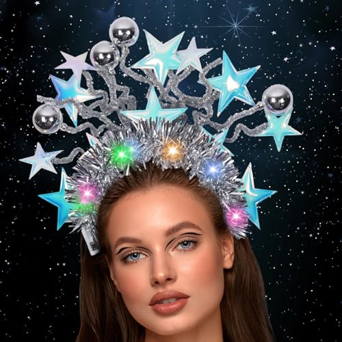 Leuchtendes Stern-Stirnband, LED-Sterne Haarband, Lglitzerndes Mond-Haarband, Glitzer Kopfschmuck Karneval Kostüm Damen, LED Stirnband Leucht Haarschmuck für Weihnachten, Fasching, für Frauen (Blau)