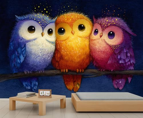 Kinder-Tapete mit niedlicher Eulen-Motiv, Cartoon, bunte Eulen, Sternenhimmel, Jungen-Tapete für Kinderzimmer, Wohnzimmer, Sofa, TV-Hintergrund, großes Wandbild, Poster, 390 x 260 cm