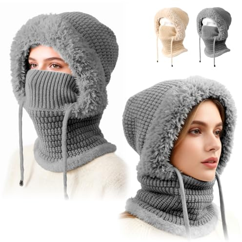 3 in 1 Beanie Hat for Women, Womens Balaclava Winter, Upgraded 3-in-1 Cold Knitted Hats Wind Resistant Hooded Scarf(Gray)