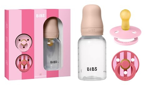 BIBS Gift Set Baby Sprinkle, con biberon BIBS da 150 ml e confezione da 2 succhietti Colour, tettarella rotonda. Lattice di gomma naturale, prodotto in Danimarca, taglia 1 (0–6 mesi), Blush