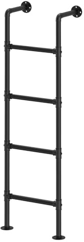 Industrial Pipe Bunk Bed Ladder, Wall Mounted Metal Loft Steps for High Sleeper, Black Iron 4 Step Staircase, Heavy Duty Library Climbing Aid, Secure Non Slip Rungs, 145cm (Black)