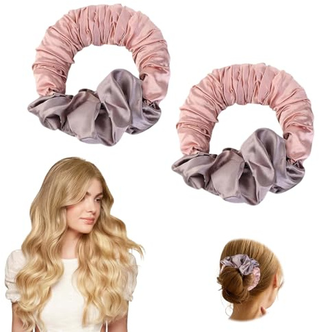 2 Stück Locken Ohne Hitze, Haargummi Damen, Overnight Heatless Curls Satin Scrunchies, Elastische Wiederverwendbar Hair Scrunchies Locken für Mittleres und Langes Haar, Rosa
