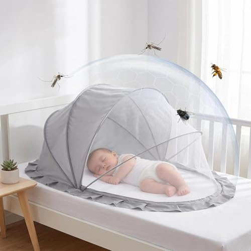 XIMEY Moustiquaire Bébé Universelle, Moustiquaire Berceau Respirante, Moustiquaire Lit Parapluie Mailles Fines, Tente de Lit Bébé Portable et Pliable pour Lit Parapluie, Nouveau-Né et Voyage (Gris, L)