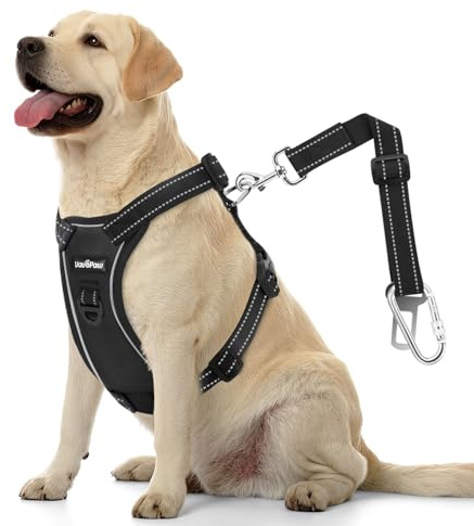 VavoPaw Hundegeschirr Hundeweste für Auto, 2-in-1 Sicherheitsgurt-Schnalle | Atmungsaktiv Mesh, Verstellbar Schnalle, Reflektierend Gurte, Sicherheitsgurte für Klein Mittler Groß Haustiere,Rußschwarz,XL