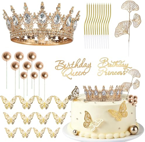 GZGXKJ 37 Pezzi Decorazioni Torta Compleanno Corona Regina Decorazioni per Torte D'oro Farfalle Decorative Torta con Fan Foglia Palla Decorativa e Cartoncini per Feste di Matrimonio di Compleanno