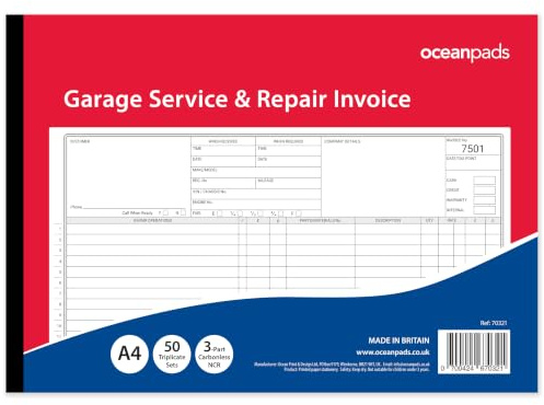 Garage Service & Repair Invoice Book A4 | 3-Part NCR Triplicate | 50 Sets | Workshop Job Card for Garages & Mechanics – Ocean Pads (70321) | Professional garage invoice book with job details, parts, labour and customer records