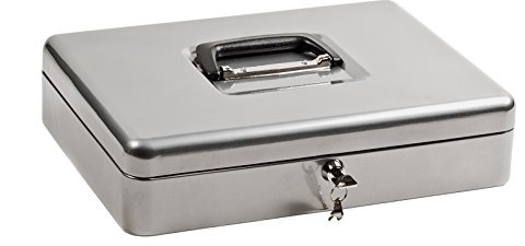 ProfiOffice Aufbewahrungsbox aus Stahlblech | abschließbar | Sortier Einsatz herausnehmbar | 37 x 28 x 9 cm | Metallkiste mit 2 Schlüsseln | geeignet als Spardose, Dokumentablage | Silber (10001)