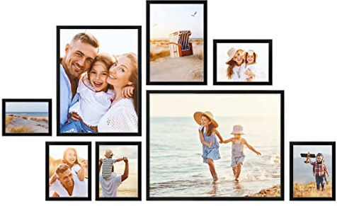 PHOTOLINI schwarze Bilderrahmen Set verschiedene Größen, 8 Bilderrahmen schwarz Holz MDF, Bilder Rahmen mit Acrylglas, Bilderrahmenset zum Aufhängen, Fotorahmen Set mit Zubehör für Fotos & Poster