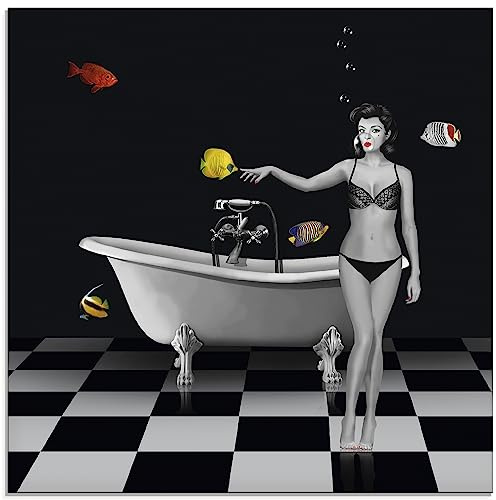 ARTland Wanddeko Glasbilder Wandbild Glas Bild einteilig 40 x 40 cm Frau Pin Up Badewanne Badezimmer Wasser bunte Fische Retro Vintage T6HO