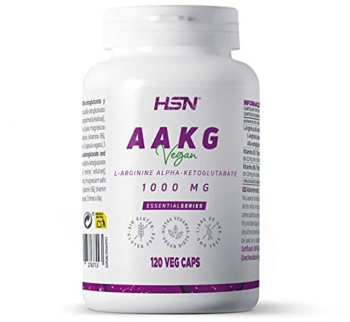 HSN Arginina AAKG Cápsulas | 120 Cápsulas Vegetales por Envase | 3000 mg de L-Arginina Alfa-Cetoglutarato por Dosis Diaria | Con Vitamina B1 y B6 | No-GMO, Vegano, Sin Gluten