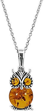 Kiara Jewellery Collier avec pendentif en forme de petit hibou en argent sterling 925 incrusté d'ambre marron de la Baltique sur une chaîne en argent sterling de 45,7 cm., Argent sterling, Ambre