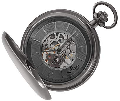 Dugena Herren-Taschenuhr Gunmetal 4460979-1, Savonette, Handaufzugswerk, skelettiert, Anthrazit, mit Mineralglas und Indexe, 51 mm