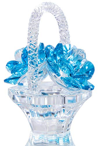 H&D HYALINE & DORA Adorno de cesta de flores de cristal azul claro, figura de flores de cristal hecha a mano, pisapapeles cortados, decoración del hogar, centro de mesa, regalos de cumpleaños para
