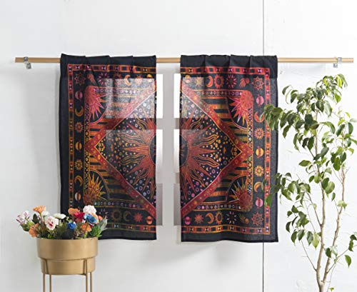 Popular Handicrafts Cortinas de Ventana de Cocina con diseño de Mandala Hippie y Sol ardiente Indio, teñido Anudado Gitano, Bohemio, Sol, Luna, Hermosa Cortina para Dormitorio, Sala de Estar, balcón,