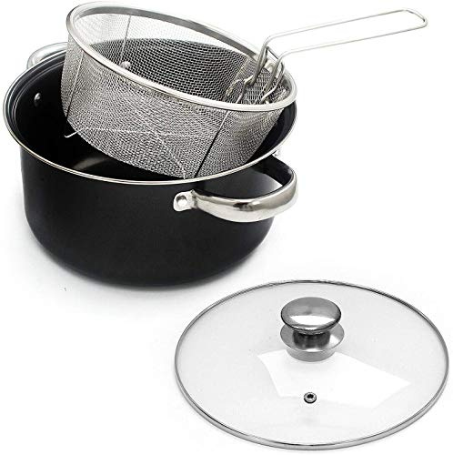 Vision4ever 4-in-1 Non-Stick Black Chip Pan Stove Deep Fat Fry Frying Basket with Lid Bake Glass