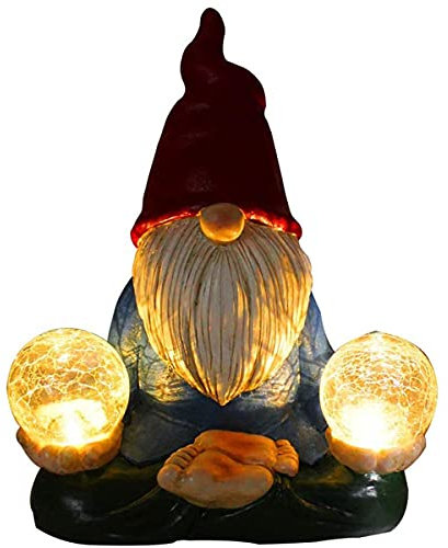 BANNESE Statue De Nain De Jardin Statue De Méditation Figurines De Jardin en Résine avec Lumière LED Solaire pour Le Cadeau D'ornements De Pelouse De Patio, 7,8 * 10,6 Pouces