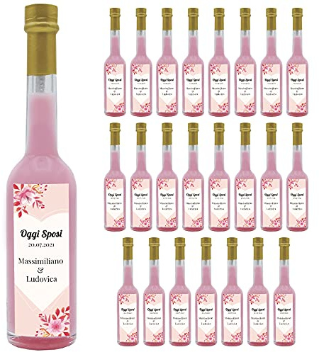 24 bottiglie personalizzate di Liquore perfetto per bomboniere per matrimonio, anniversario, battesimo e comunione (Crema di Fragola, Cuore floreale)
