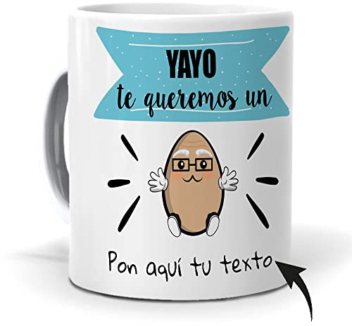 mundohuevo Taza Personalizada con Texto. Regalo Original Dia del Padre. Yayo te Queremos un Huevo con Nombres. Haz