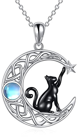 VONALA Katze Kette Silber Schwarze Katzen Kette 925 Sterling Silber Keltischer Mond Gothic Anhänger Halskette Mondsteinschmuck Geschenke für Damen