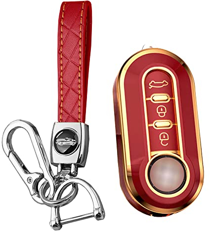 KUNIO Autoschlüssel Hülle Passt für FIAT 500 500C 500L 500X Ducato Brava Panda Lancia Grande Punto Stilo Linea Ypslon Fiorino Schlüsselanhänger Schlüsselcover Schlüsselbox 3 Tasten Rot