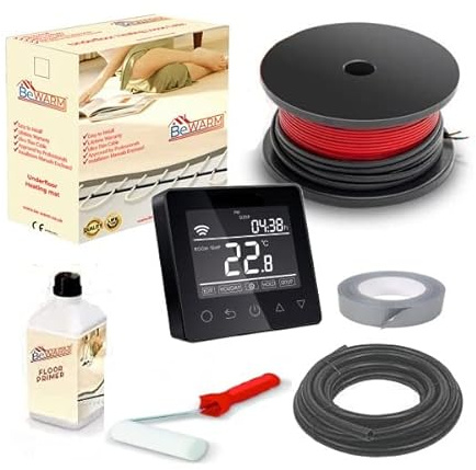 BeWarm Electric Underfloor Heating Cable Kit, 200w / m2 Loose Wire Cable Kit (5.2m2, Smart Black WiFi Thermostat)