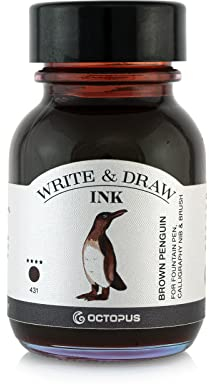 Octopus Write and Draw Ink 431 Brown Pinguin, wasserfeste Tinte zum Schreiben und Zeichen, Kalligraphie-Tinte, lichtechte Zeckenperücke für Füllfederhalter, braun, 50 ml