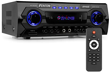 Fenton AV460 Mini Verstärker HiFi Verstärker mit Bluetooth, 2-Kanal-Amplifier, Digitaler Equalizer, 500 Watt, MP3 Player, USB, SD, beleuchtetes Display, MIC-In, Echo Funktion für Karaoke - Schwarz