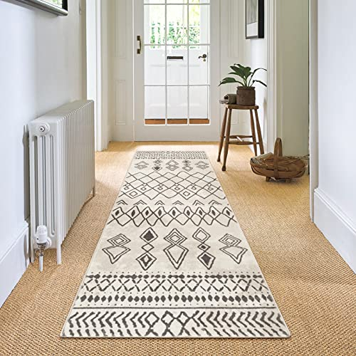 Carvapet Alfombras de Pasillo 60x240cm Alfombra Corredor Antideslizante Larga Alfombras de área Lavable Suave Microfibra Geométrico Alfombra Comedor Pasillo(Beige)
