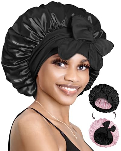 BONNET QUEEN Seidenhaube zum Schlafen mit Haarschutz für Nacht, Doppelseitige Schlafhaube Seide für Lange Haare & Locken, Verstellbare Satin Haarhaube für Damen mit Bindeband, Rosa & Schwarz