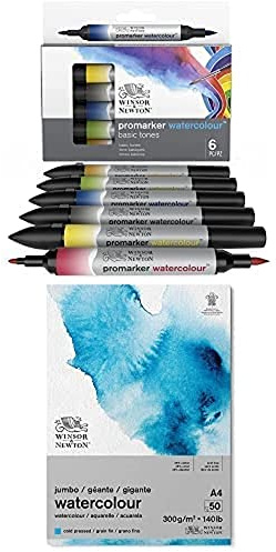 Winsor & Newton ProMarker 6 Aquarellmarker im Set mit Aquarellpapier 50 Blatt A4, 300g/m² - 2 Spitzen, Pinsel- und feiner Spitze, lichtecht, hochpigmentierte Aquarellfarben im Aquarell Starter Set
