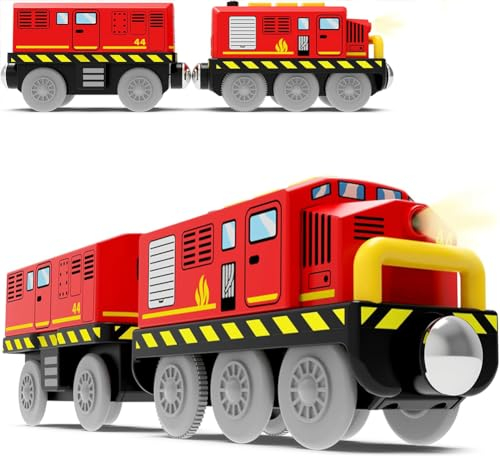 Zuoan Batteriebetriebenes Zugset für Holzeisenbahnschienen, leistungsstarker Lokomotivzug (magnetische Verbindung) mit Frontscheinwerfern und Sound für Empfohlen ab 3 Jahren, Rot