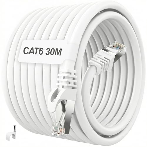 ikbc Cat 6 LAN Kabel 30 meter Weiß, Gigabit Netzwerkkabel FTP Geschirmt | Gigabit Geschwindigkeit, FTP geschirmt, wetterfest, stabile 23AWG Adern, ideal für PS5 & Fritzbox, inklusive 40 Clips