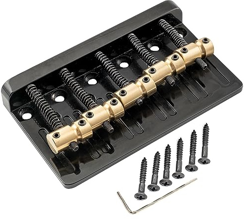 Musiclily Pro 17mm Heavy Duty 5-Saiter Bass Steg Bridge mit Messing Saitenreiter Stahlplatte für Precision/Jazz Bass, Schwarz