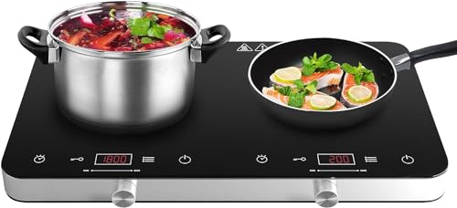 COOKTRON Induction Hob, Double Induction Cooker with Dual-Control (Touch & Knob), 10-Level Adjustable Temperature/Power, 4-Hour Timer, Child Safety Lock, Portable Design, 2800W